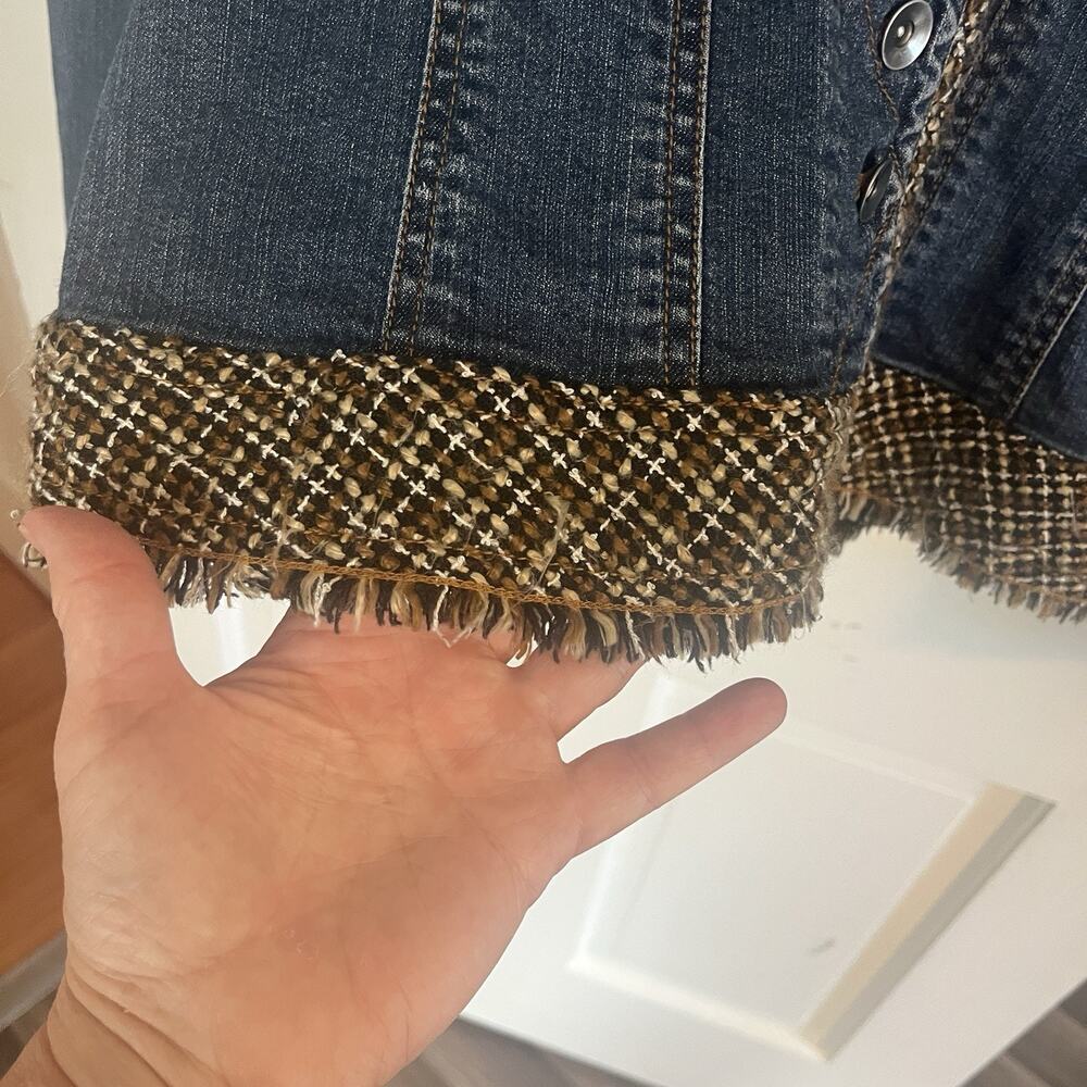 Coldwater Creek Denim Jacket 14 Brown/Black Woven Trim Fringe Classic Western - Picture 7 of 14